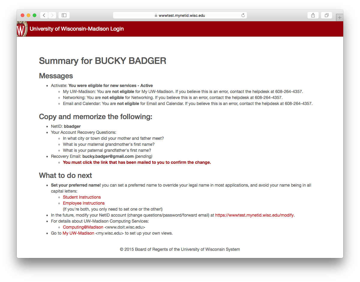 Modify NetID Recovery Questions Summary Page