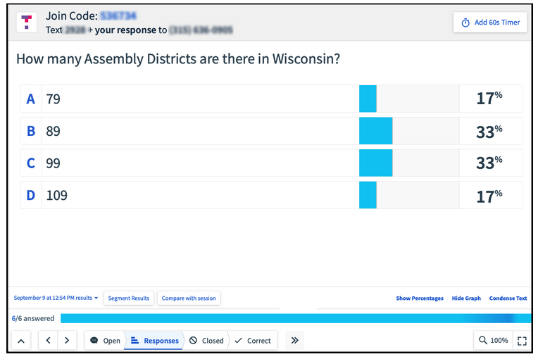 Screenshot of a Top Hat question - How many Assembly districts are there in Wisconsin? A. 79 (17% ) B. 89 (33%) C. 99 (33%) D. 109 (17%)
