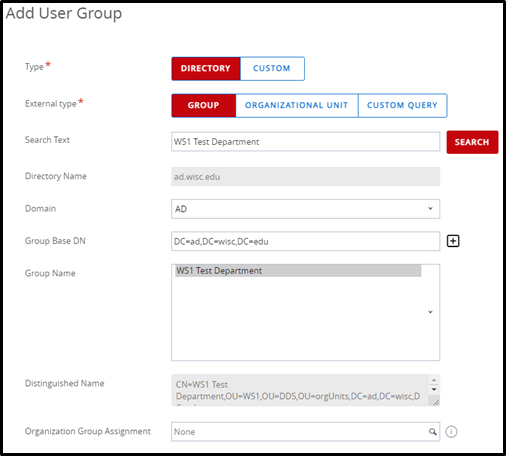 Screenshot of Workspace ONE Add User Group menu