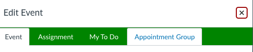 Appointment Groups tab in an Edit Event pop-up window.