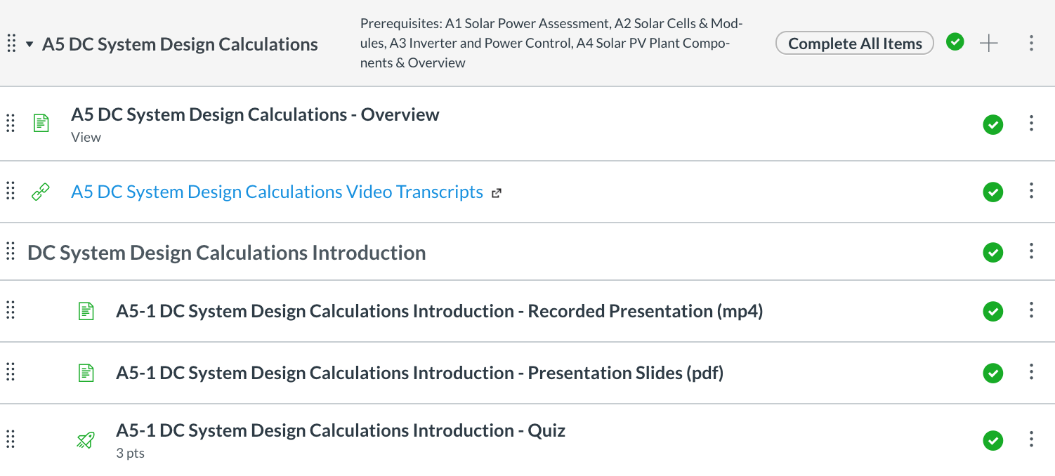 The A5 DC System Design Calculations module for the FSP course is an example of how conditions can be set to release course content.
