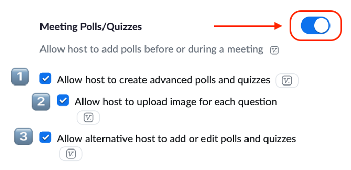Image of toggle switch to enable Zoom polls and quizzes.