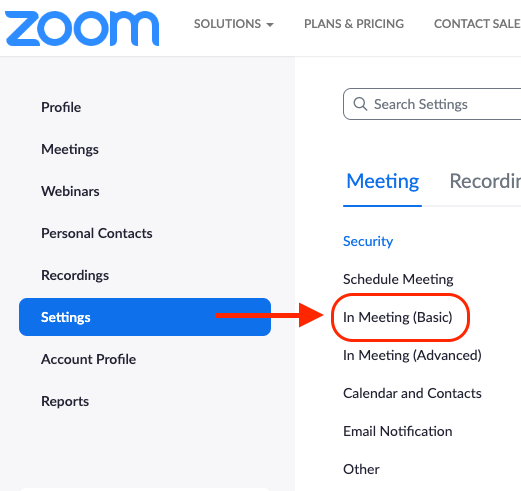 Picture showing location of Zoom meeting settings