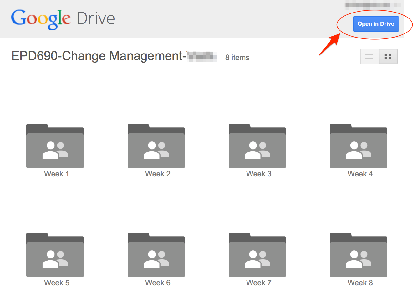 Google Drive folder showing Open In Drive button