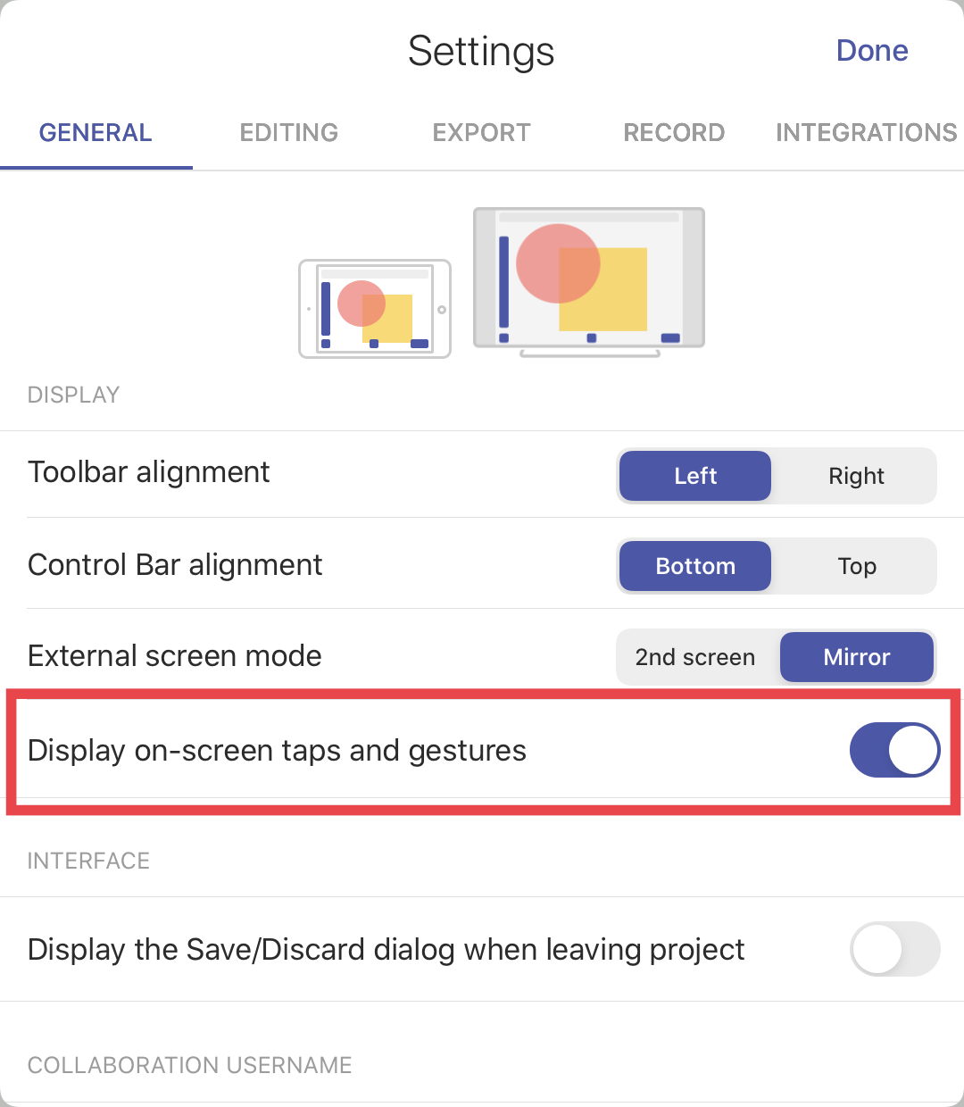 Toggle on Display on Screen Taps