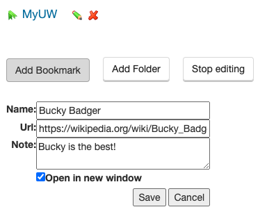 Adding Name, URL, and Note to new bookmark entry