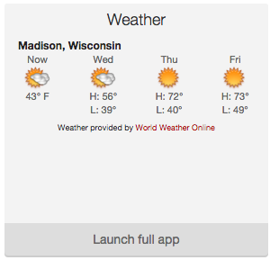 Screenshot of weather widget in expanded mode Weather expanded widget showing Madison weather.