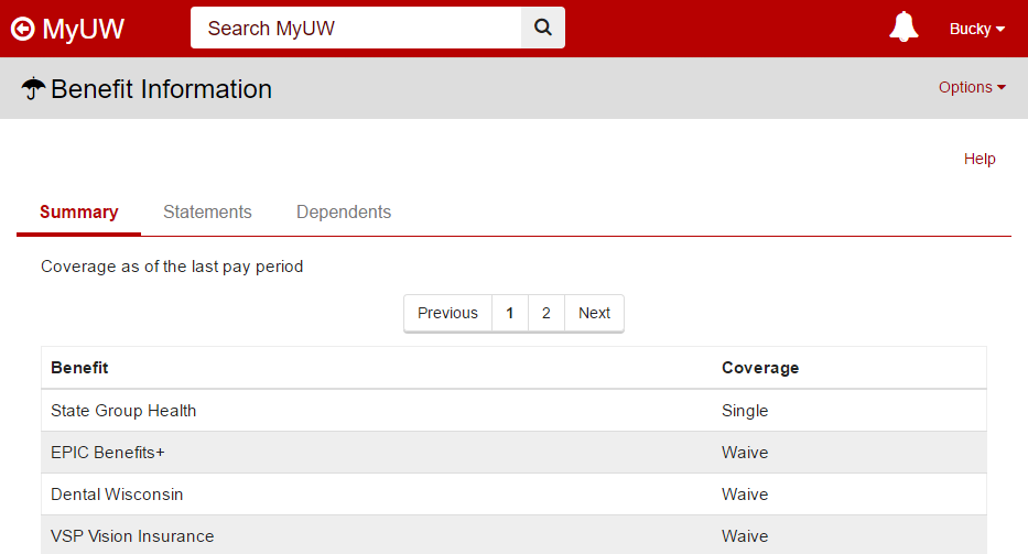 Screenshot of Benefit Information app in MyUW