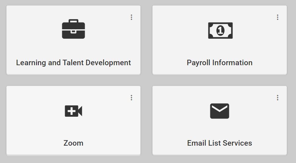 Compact tile mode image of Learning and Talent Development, Payroll, Zoom and Email List Services with only one icon and link per tile
