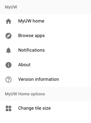 Sidebar menu with options to browse apps, see notifications, see version or About information, and change tile size