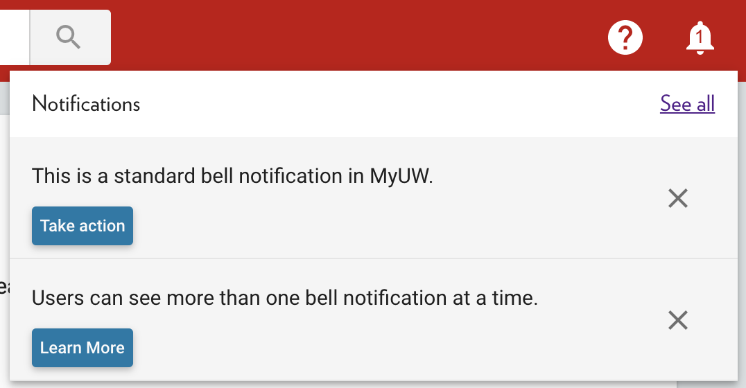 Two bell notifications with buttons to Take Action or Learn More