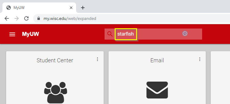 Searching "starfish" in searchbar at top of MyUW homepage