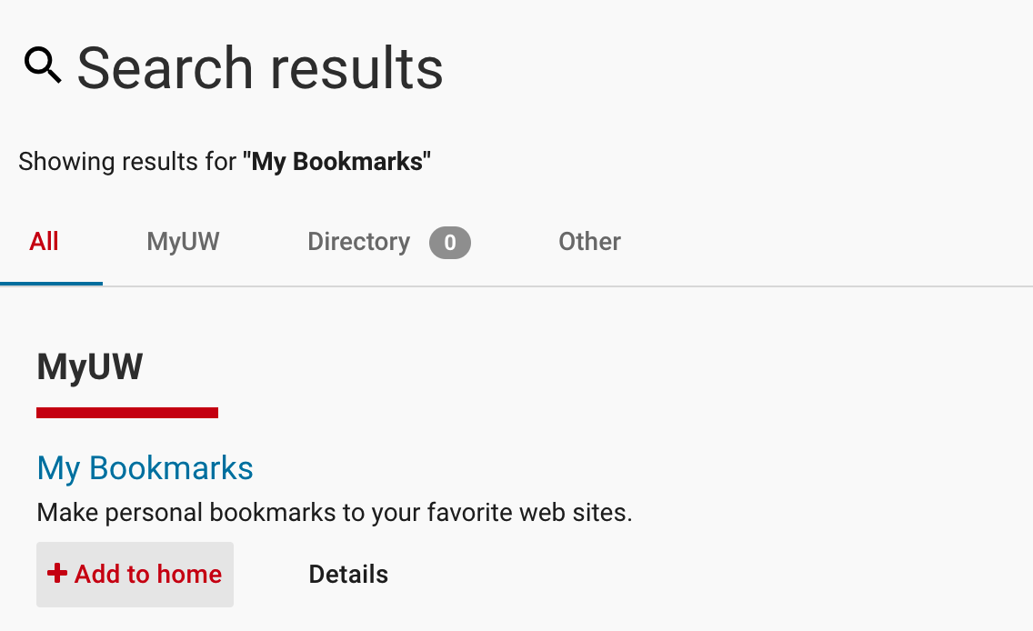 Select the 'Add to Home` button from the search results screen for the My Bookmark module