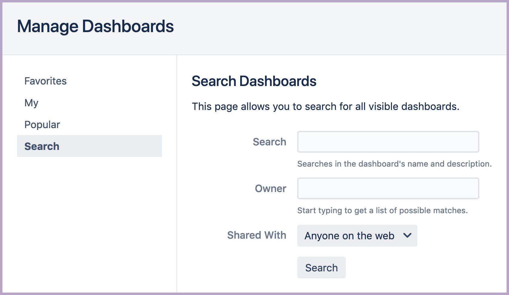 Manage Dashboards search by owner form