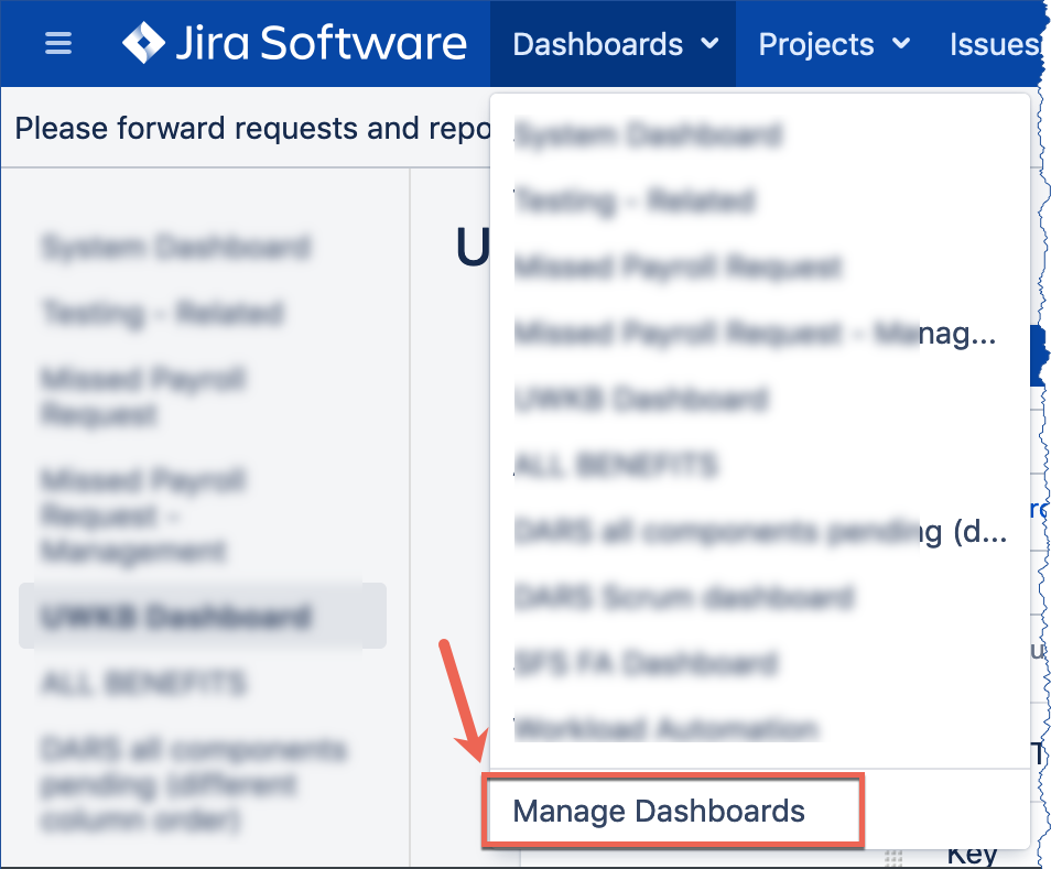 Jira Dashboard dropdown menu selection Manage Dashboards option