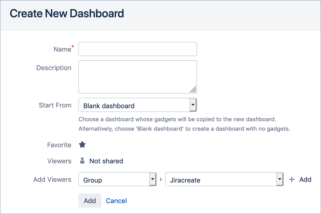 Create New Dashboards form