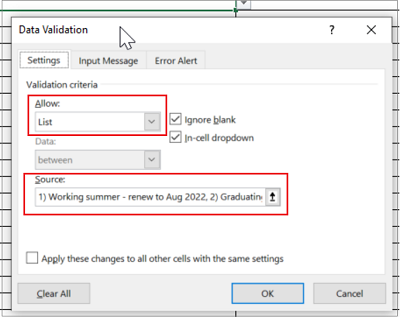 How to configure drop-down menus using Data Validation