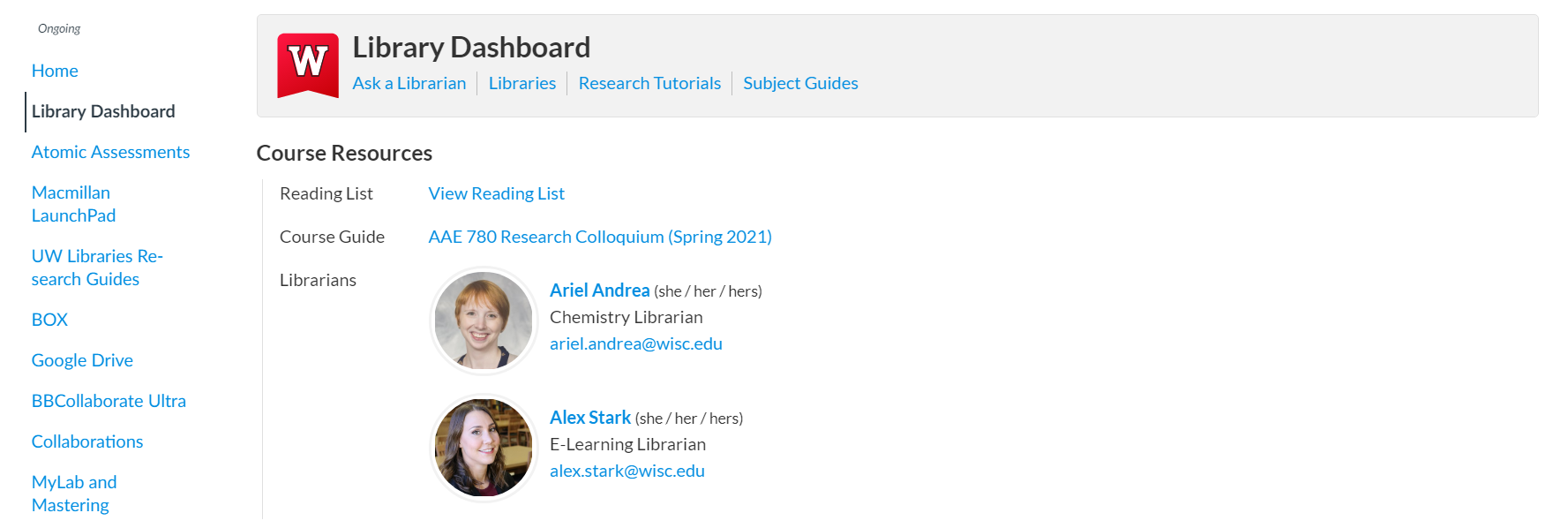 Image of the library dashboard in Canvas with  the following course resources: Reading list, course guide, and librarians. 
