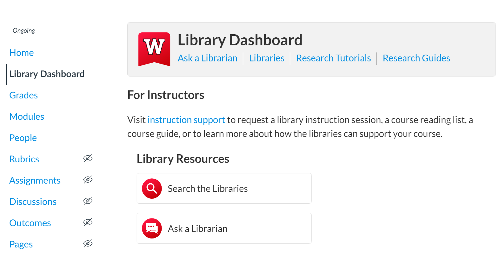 Image of the library dashboard in Canvas. 