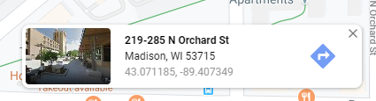 Google Map showing address on Orchard St in Madison