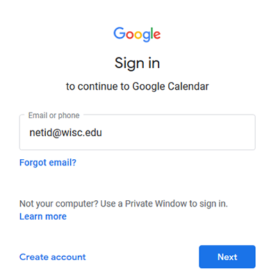 Google Calendar sign-in screen with NetID
