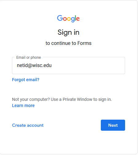Google login screen for Forms