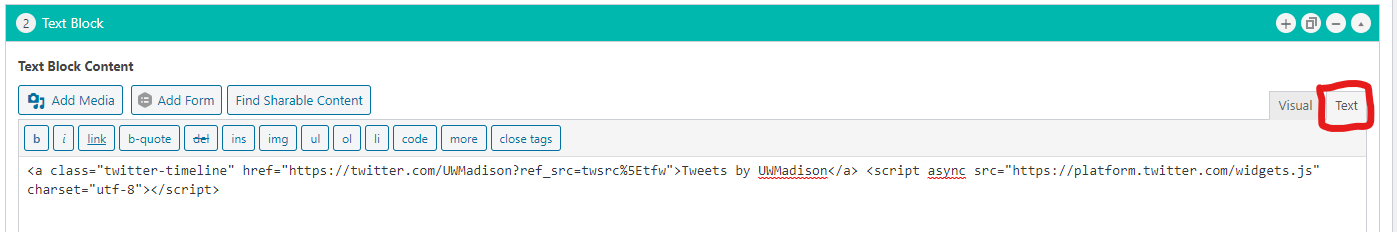 Pasting twitter code into text editor in WordPress