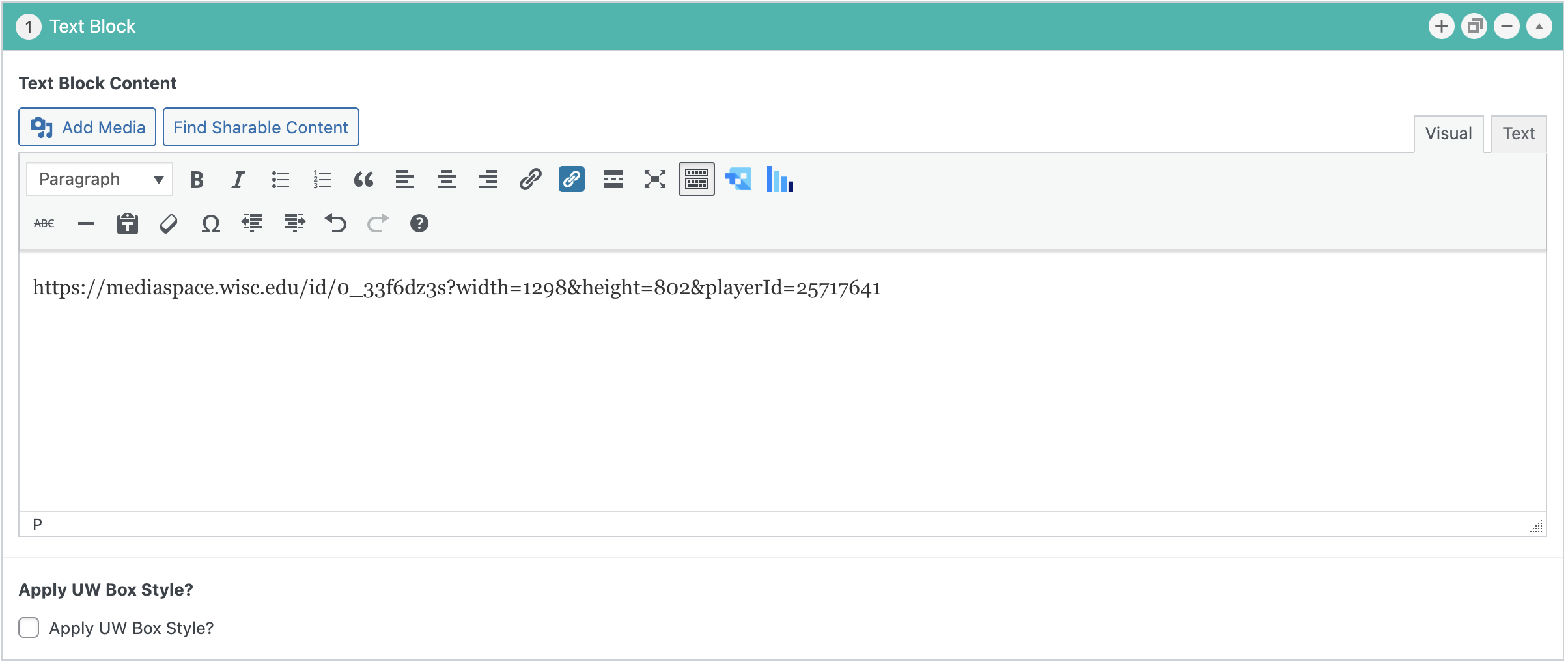 A Text Block in WiscWeb showing the oEmbed code from Kaltura pasted into the block
