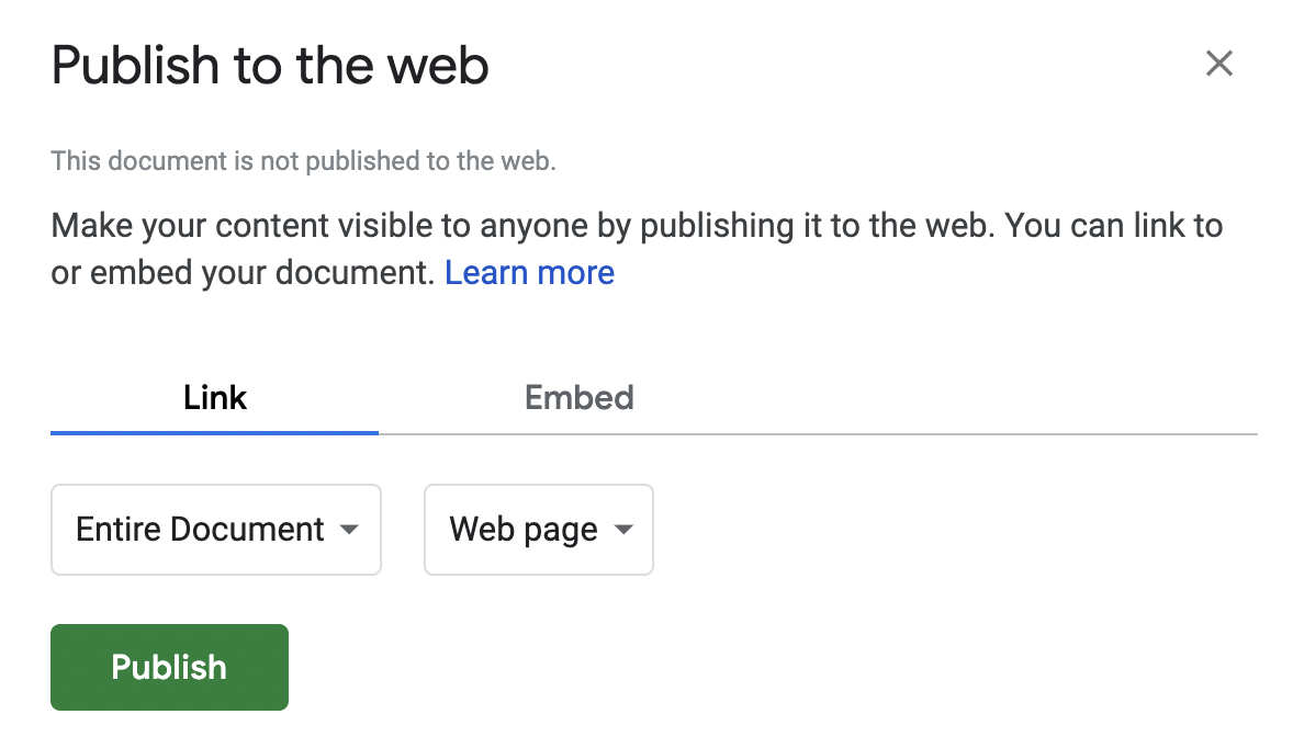 Text showing the option to publish an entire Google Sheet or just a web page