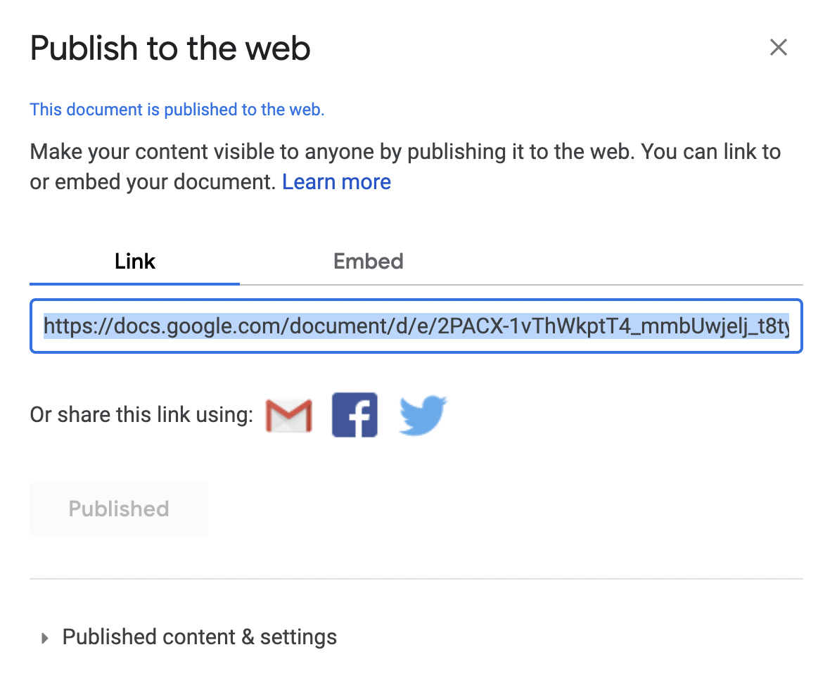 Text showing URL of published Google Sheet