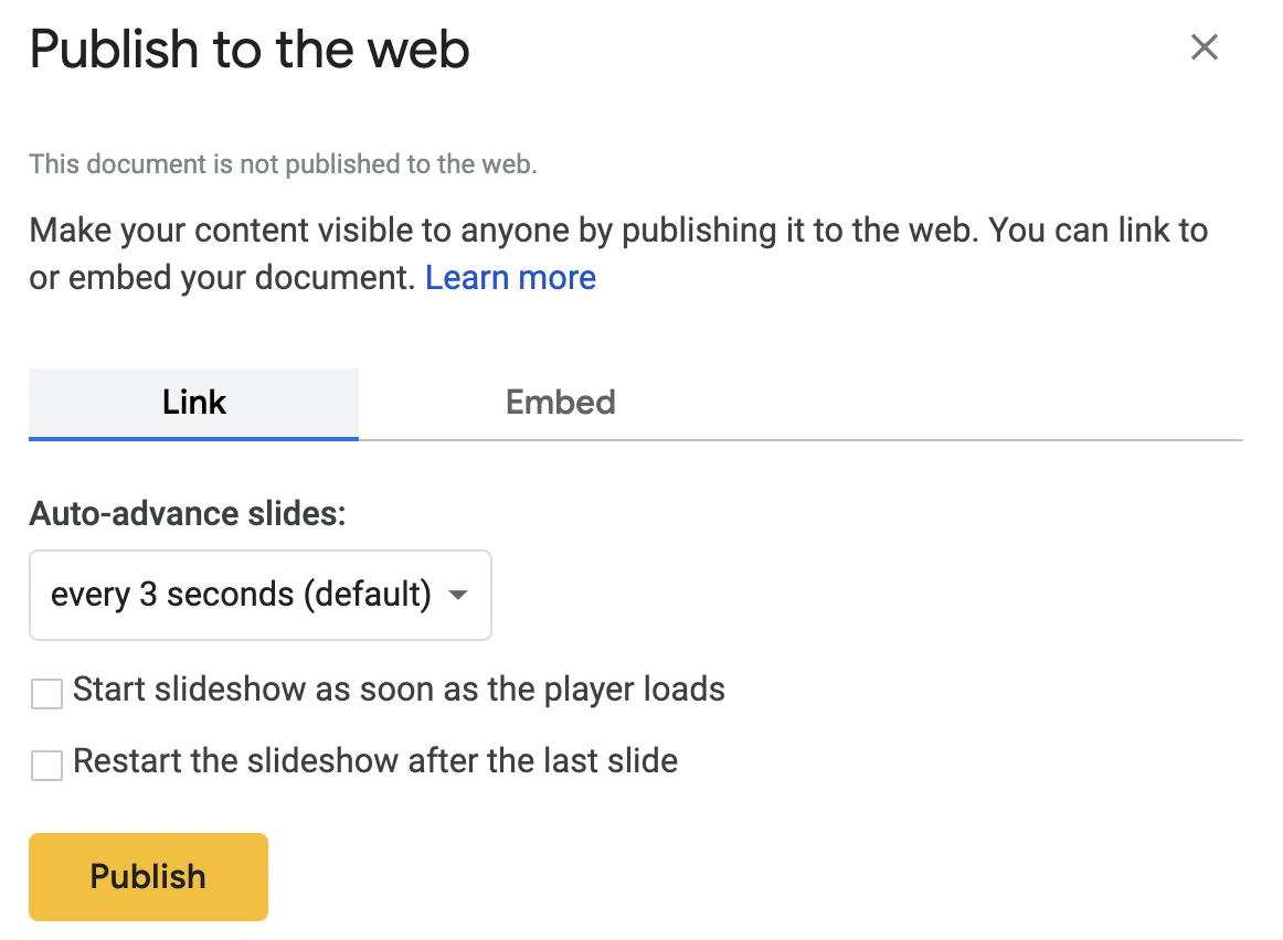 Publish to the web settings for a Google Slides presentation