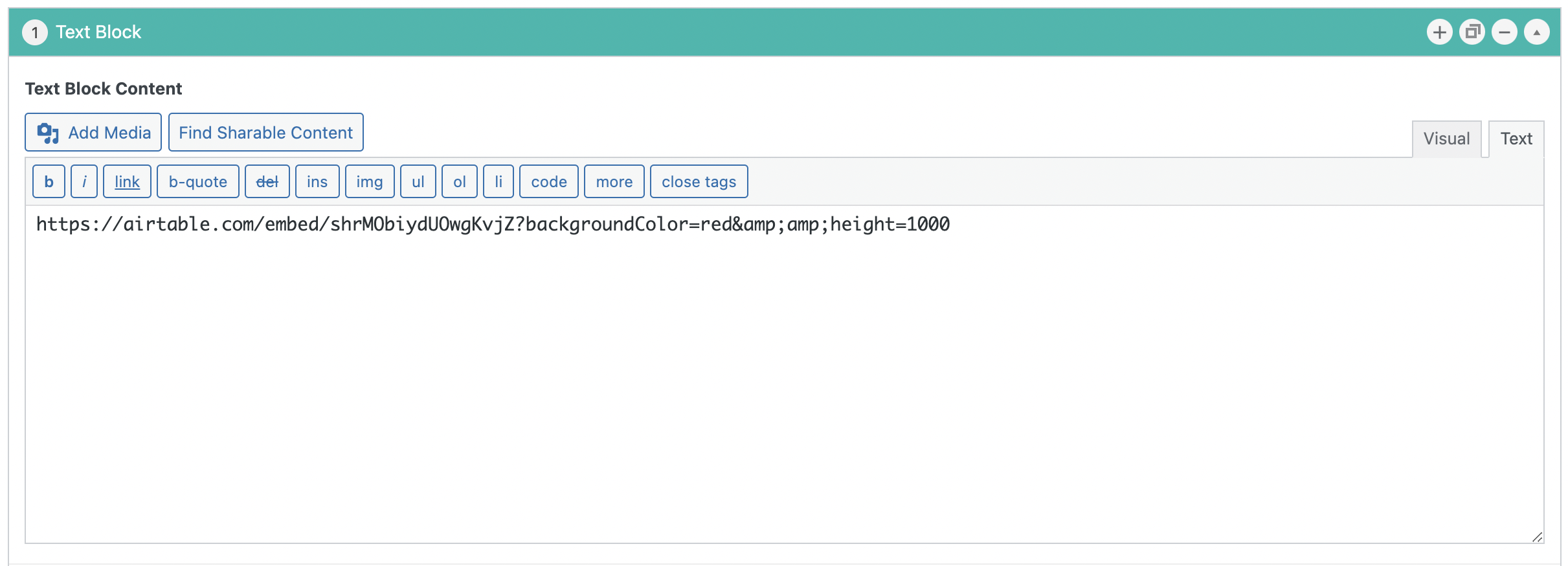 Screenshot of Text Block in WiscWeb that is depicting an Airtable URL