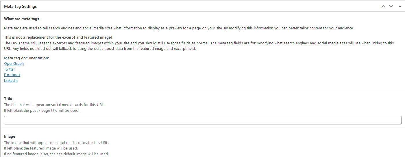 Some of the options that exist for Meta Tag Settings, including the Title and Image fields