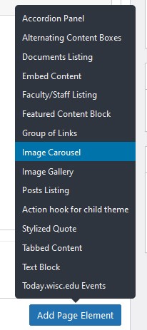 Page element list with Image Carousel highlighted in blue