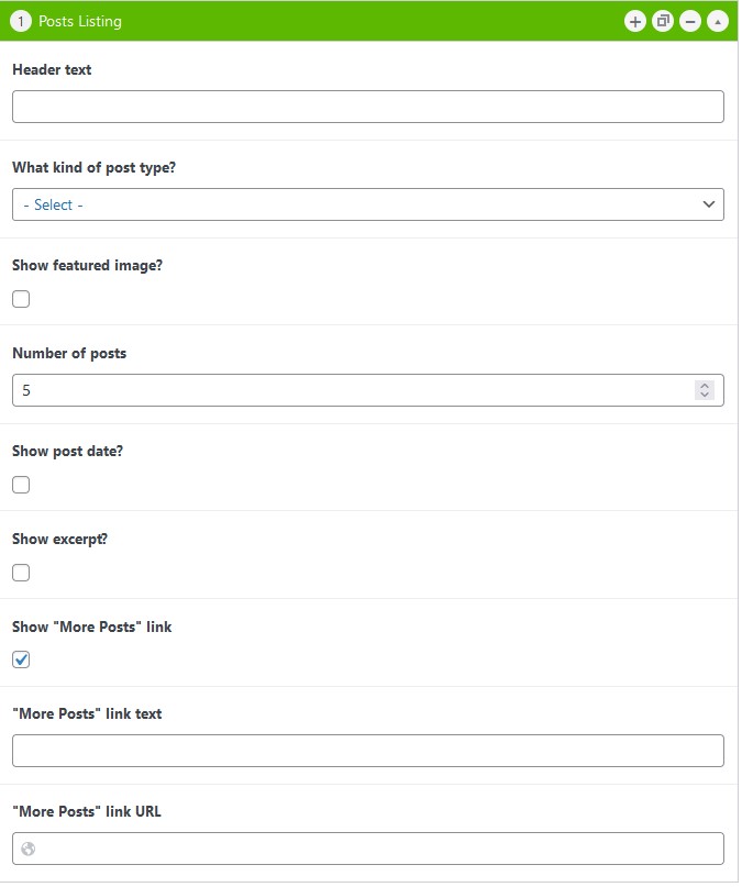 Options for the Posts Listing page element are visible