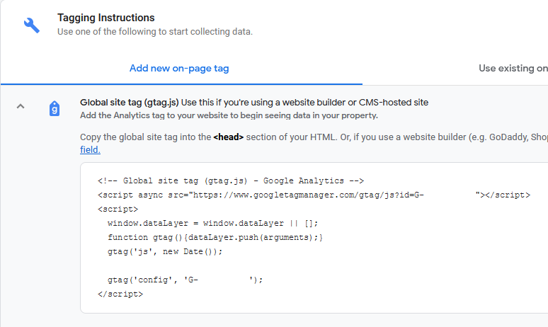 Accessing the code snippet section in Google Analytics 4