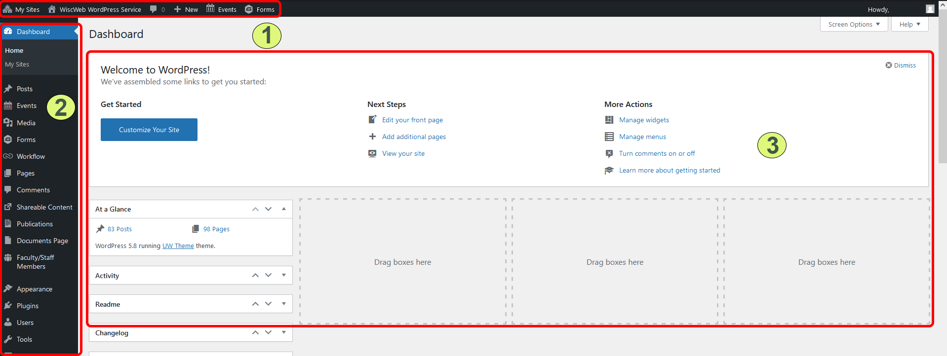 Main dashboard view of a site