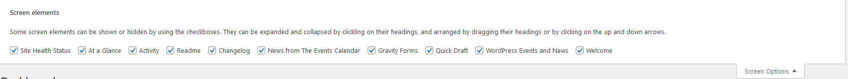 Screen options dropdown expanded
