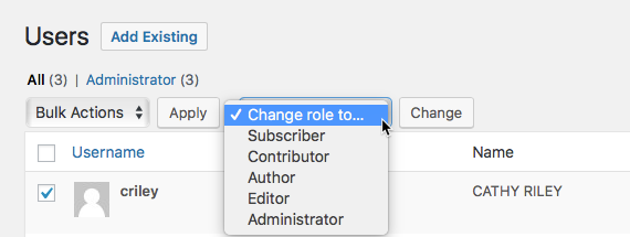 Users list with the drop down for changing a role is visible
