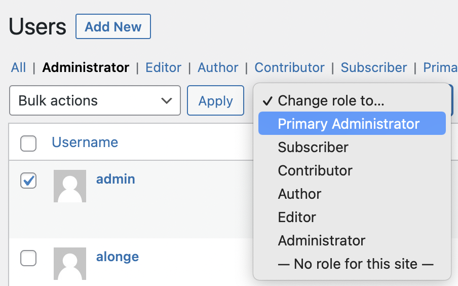 Dropdown showing the different user roles available in WiscWeb