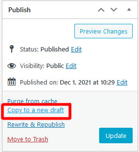 Publish options for a page are visible, with a red box outlining the words Copy to a new draft