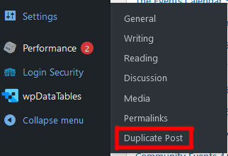 Menu path for Duplicate Post options highlighted