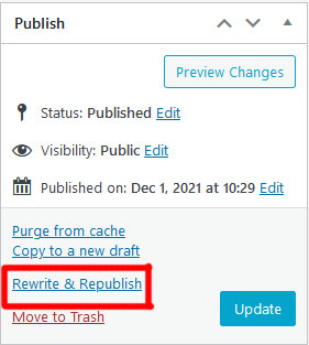 Publish options for a page are visible, with a red box outlining the words Rewrite & Republish