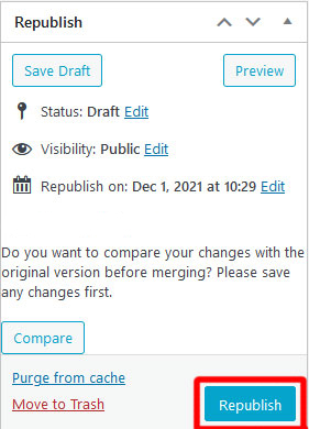 The Republish options for a page are visible, with a red box outlining the button for Republish