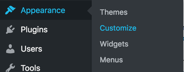 To locate the Customizer, click on Appearance and then Customize