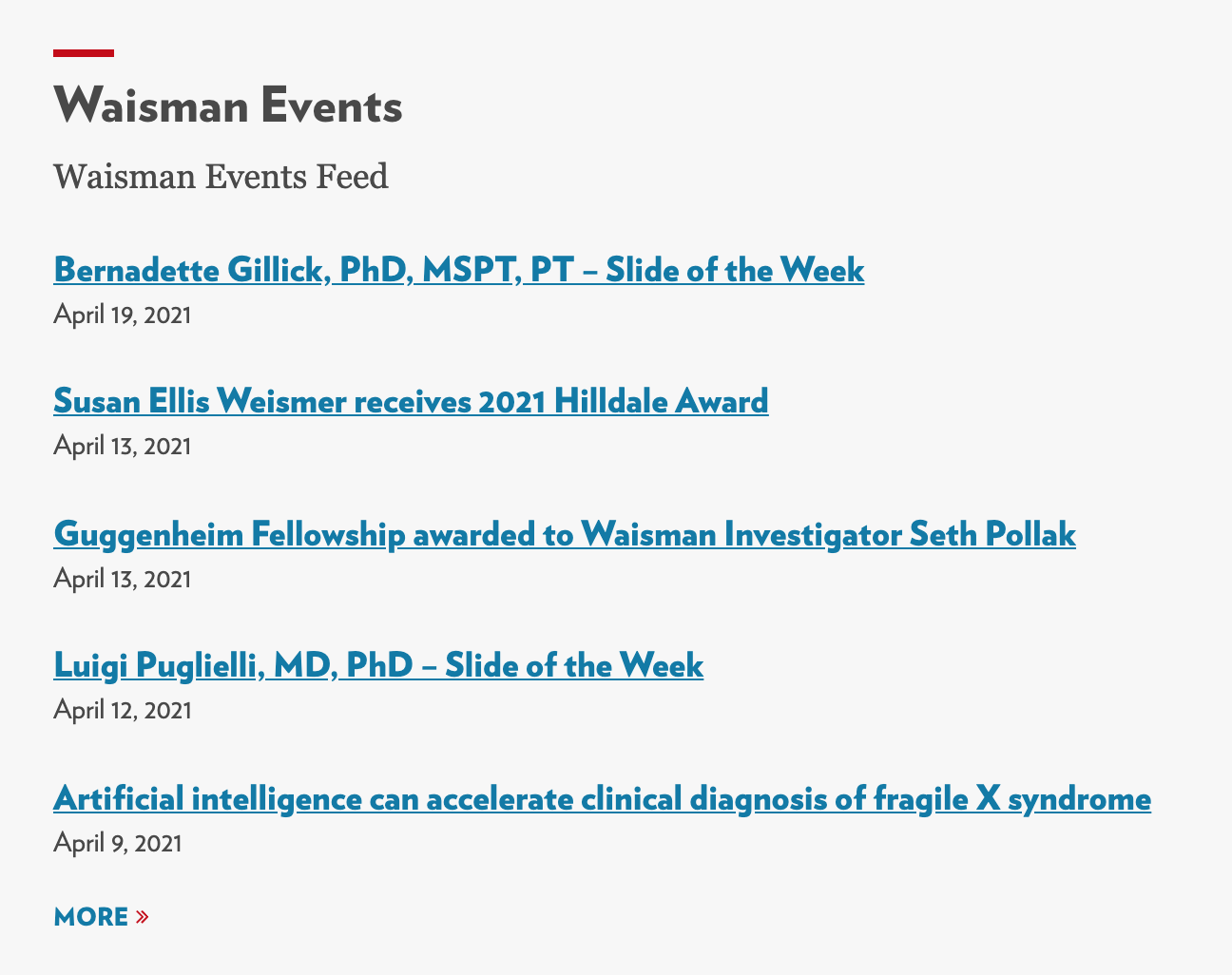 Screenshot of the Waisman Center's event feed on their website