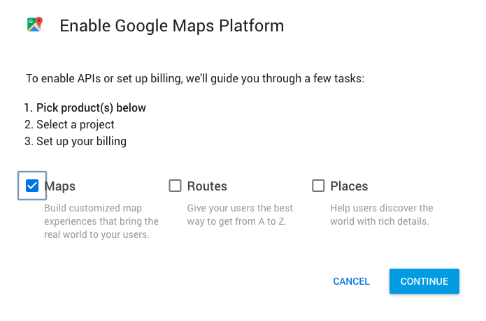 Click on the maps checkbox in the modal window Click on the maps checkbox in the modal window