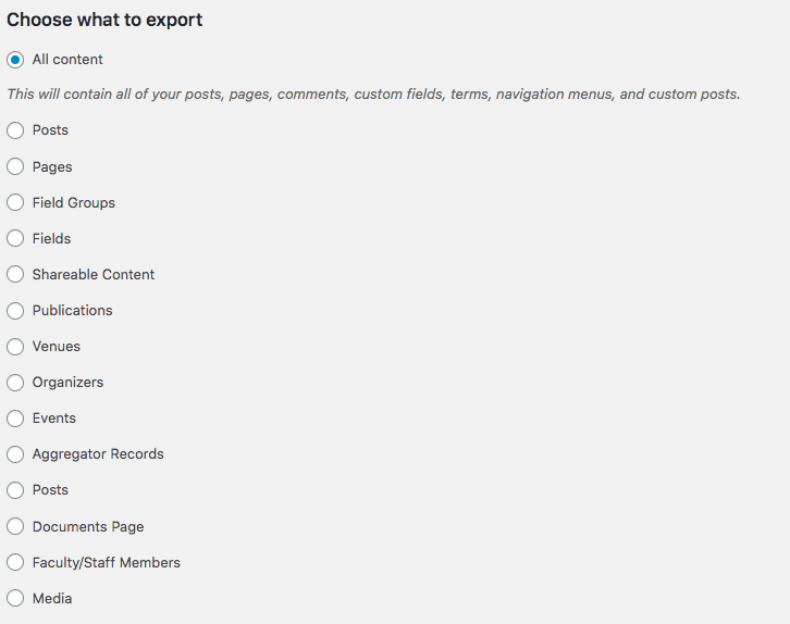 Choose what to export from a list of radio buttons