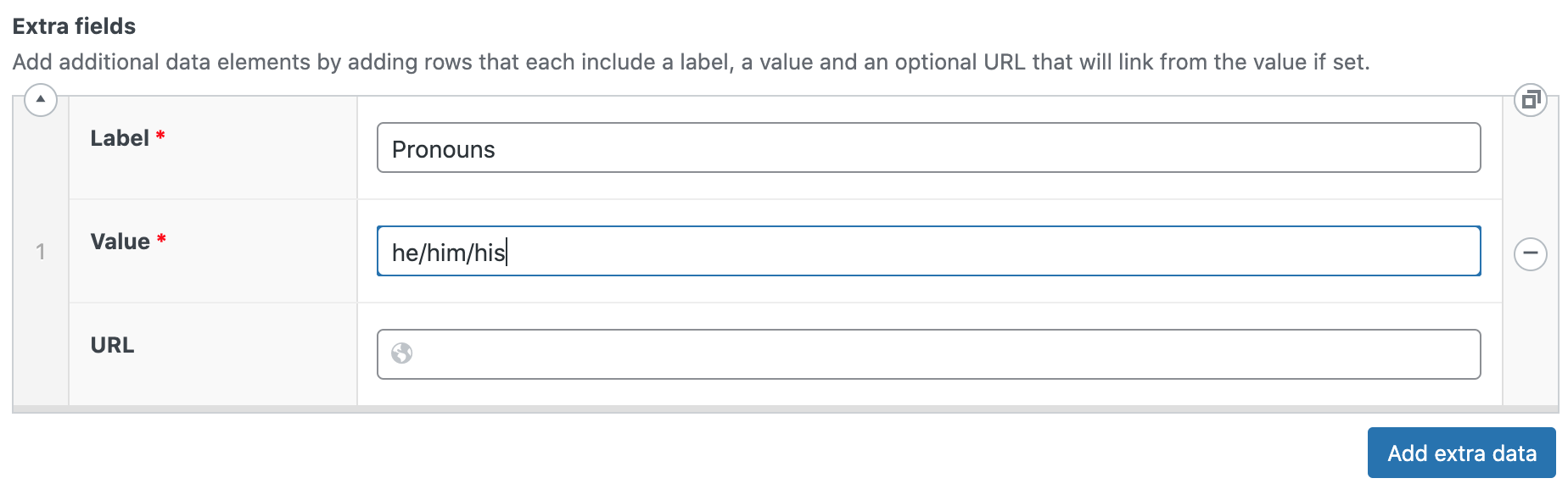 Extra Fields label options, displaying where to add your desired pronouns