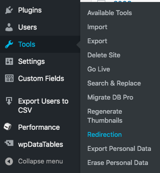 To locate the redirection plugin, click on Tools and select Redirection